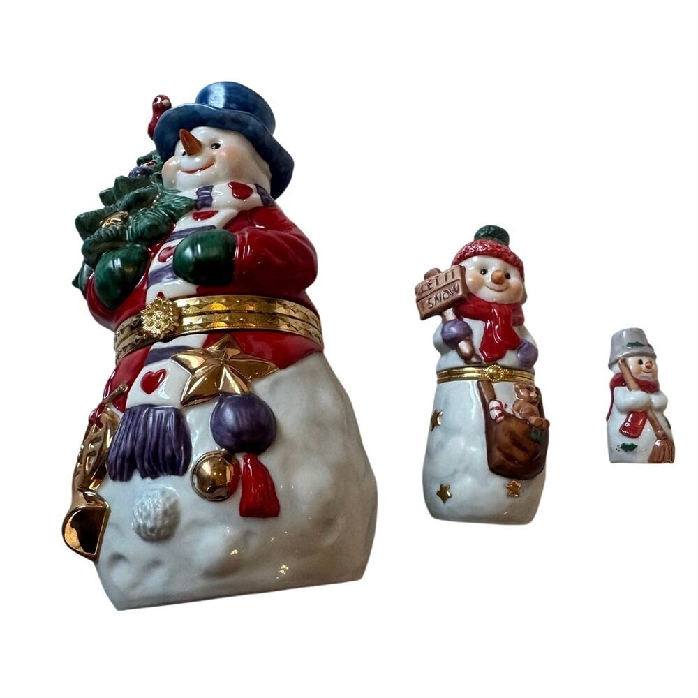 NIB Vtg 3pc Snowman Hinged Box/Figurine Set Nesting Ceramic Snowmen